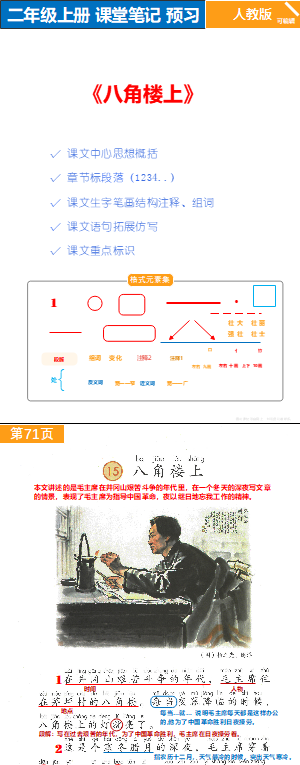 人教版 语文二年级 随堂笔记总结 原版素材P71-72《八角楼上》