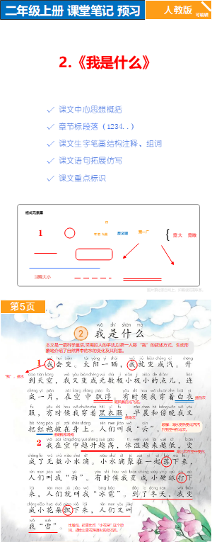 人教版二年级上册语文、课前预习、课堂笔记