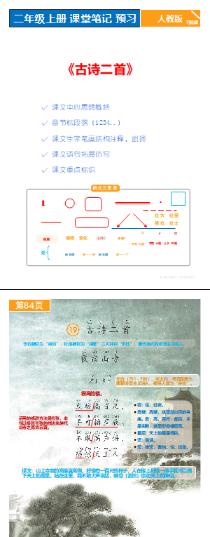 人教版 语文二年级 小学知识  随堂笔记总结 原版素材  P84-86《古诗二首》