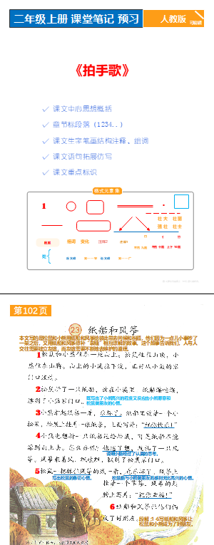 人教版语文，二年级上册，小学知识，课堂笔记，可编辑
P102-104《纸船和风筝》