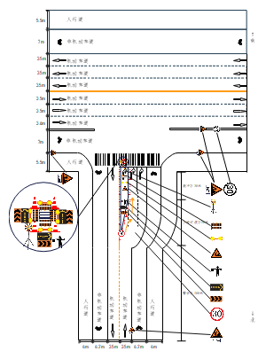 2-三车道丁字路口，占有左侧机动车道的占道施工作业导行图