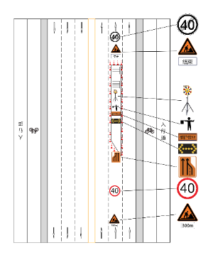 位于双向三机动车道封闭中间车道的占道作业示例图