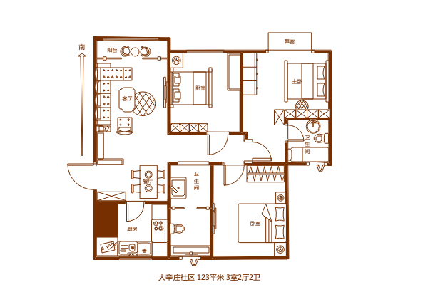 房屋设计平面图：123平米，3室2厅2卫