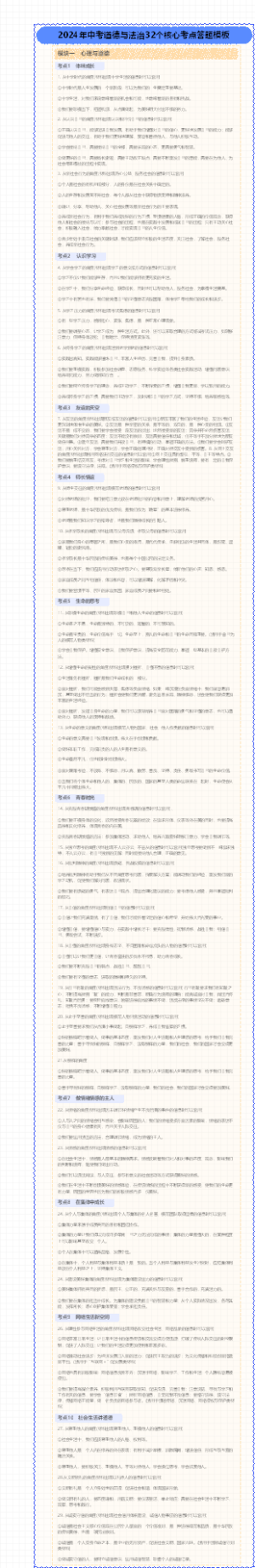 2024年中考道德与法治32个核心考点答题模板