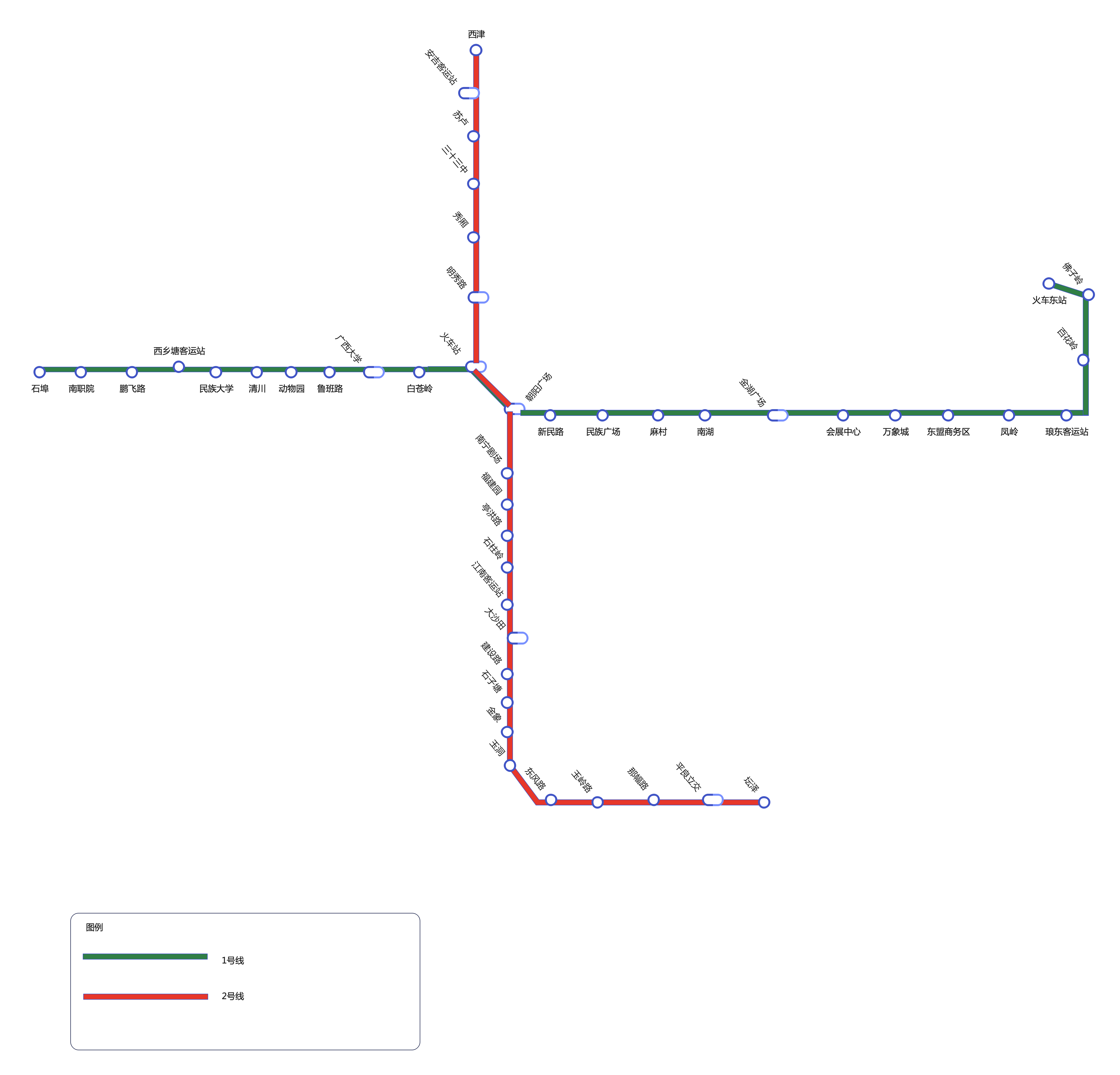 南宁地铁 1，2号线路线图