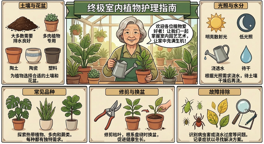 终极室内植物护理指南插画