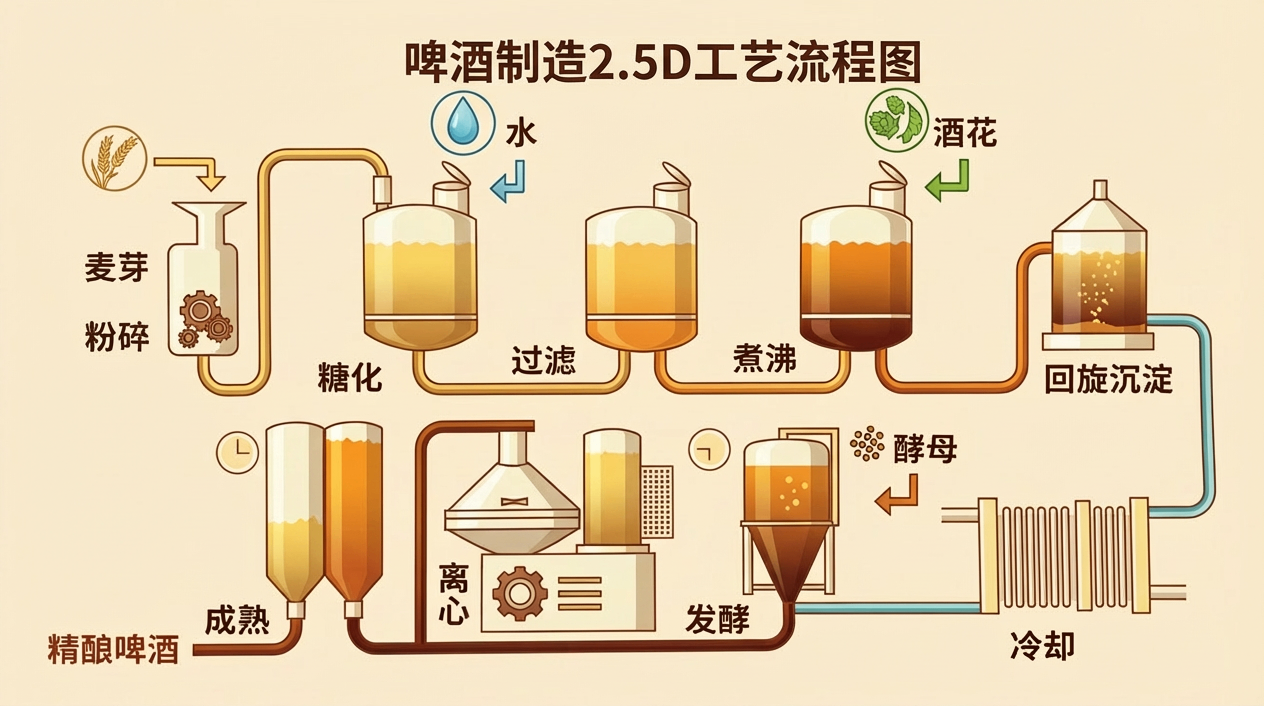 啤酒制造2.5D工艺流程图