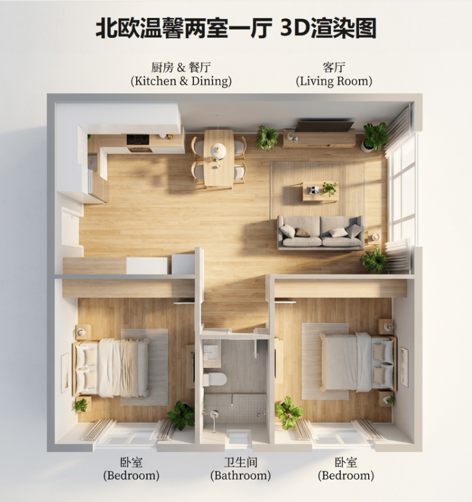 北欧两室一厅3D户型效果图