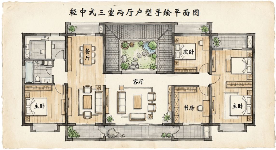 轻中式三室两厅手绘户型平面图