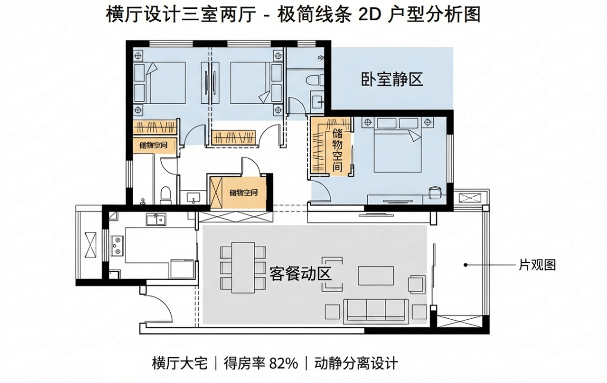 横厅三室两厅户型分析图