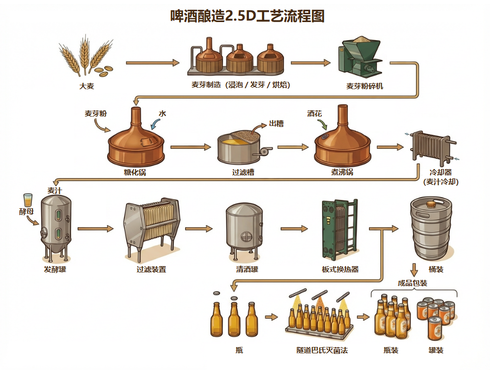 啤酒酿造2.5D工艺流程图