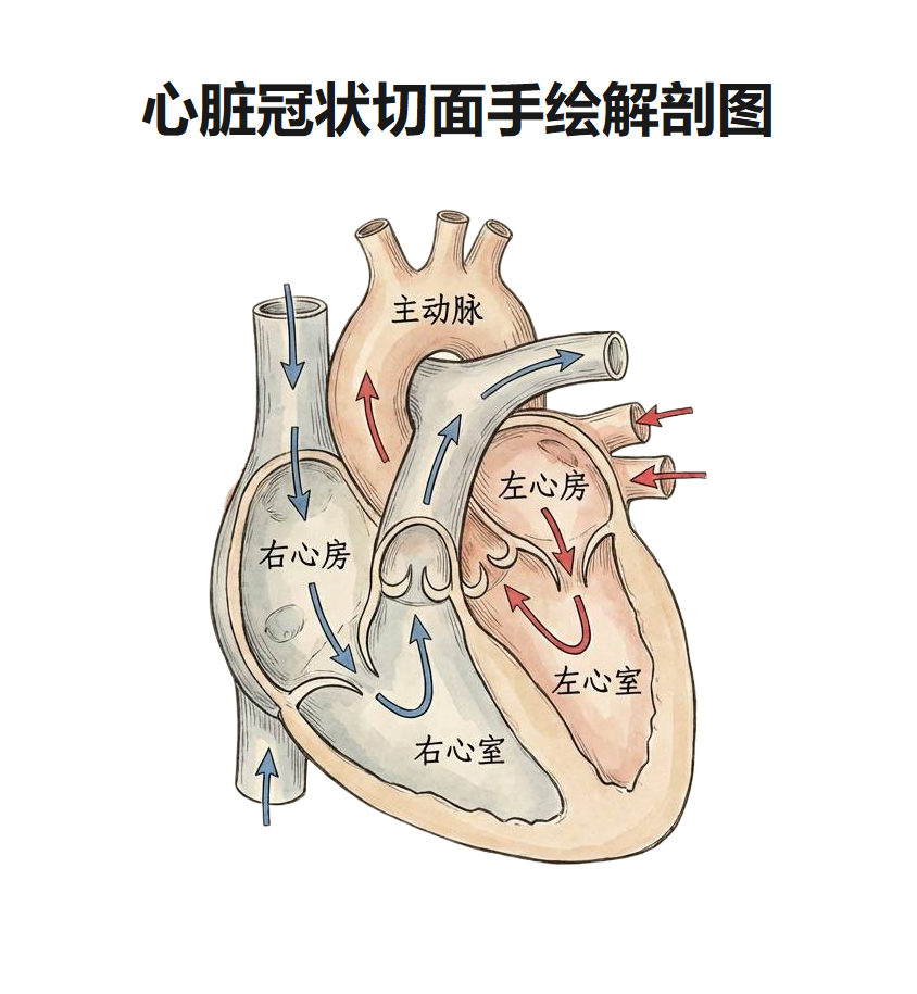 心脏冠状切面手绘解剖图