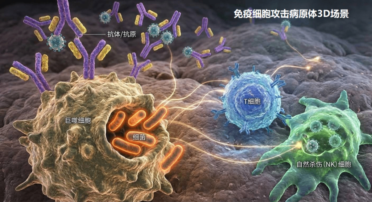 免疫细胞攻击病原体3D示意图
