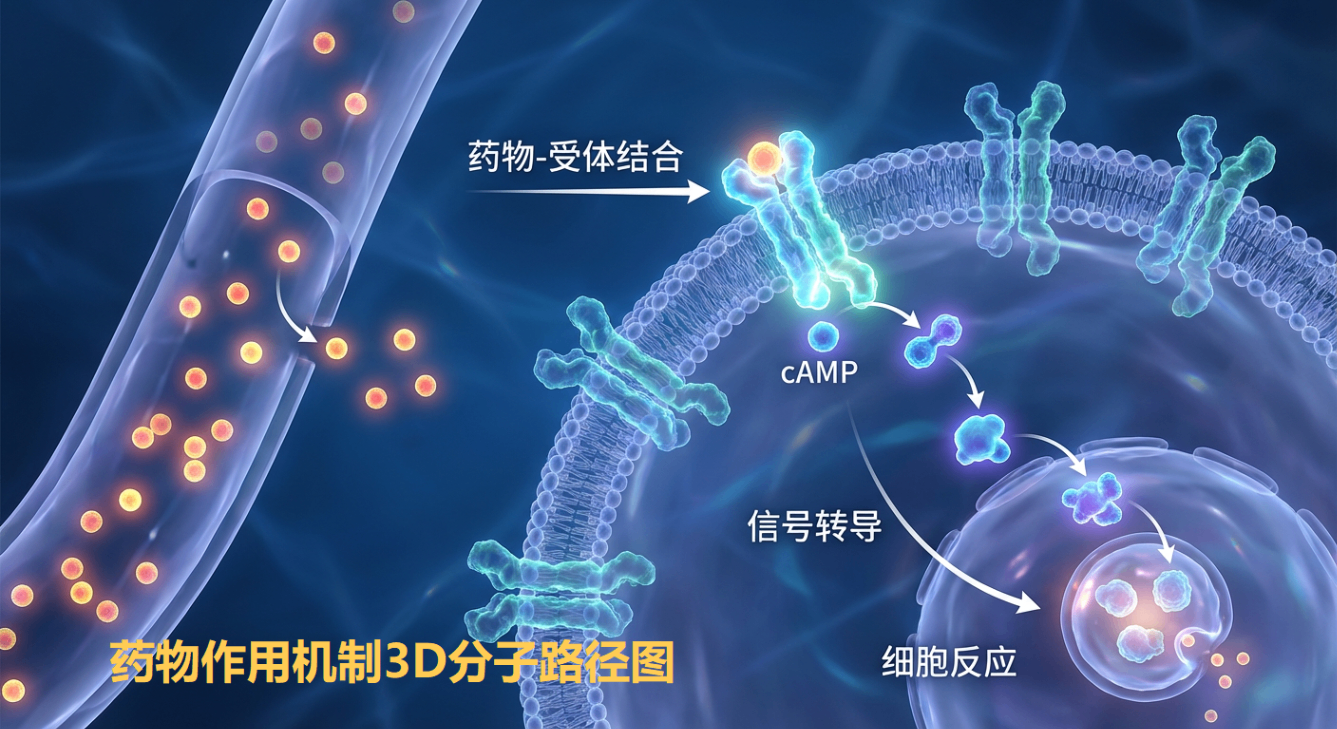 药物作用机制3D分子路径图