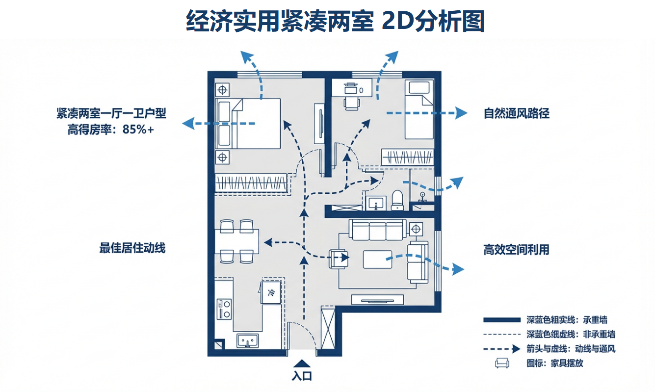 经济紧凑两居室户型分析图
