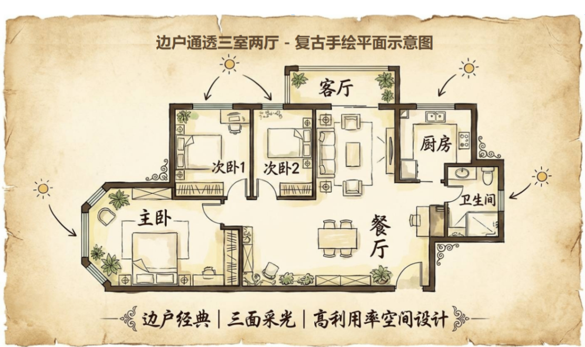 复古手绘三室两厅户型平面图