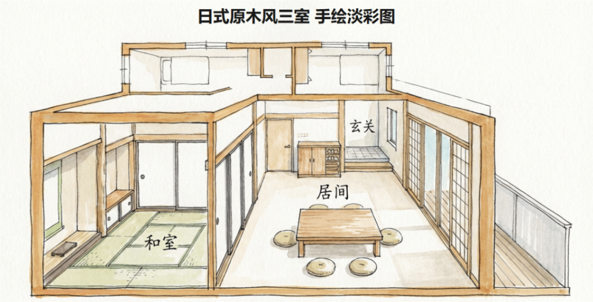 日式原木风三室手绘淡彩户型图
