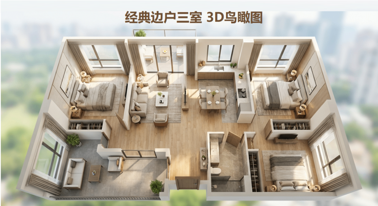 经典边户三室3D鸟瞰效果图