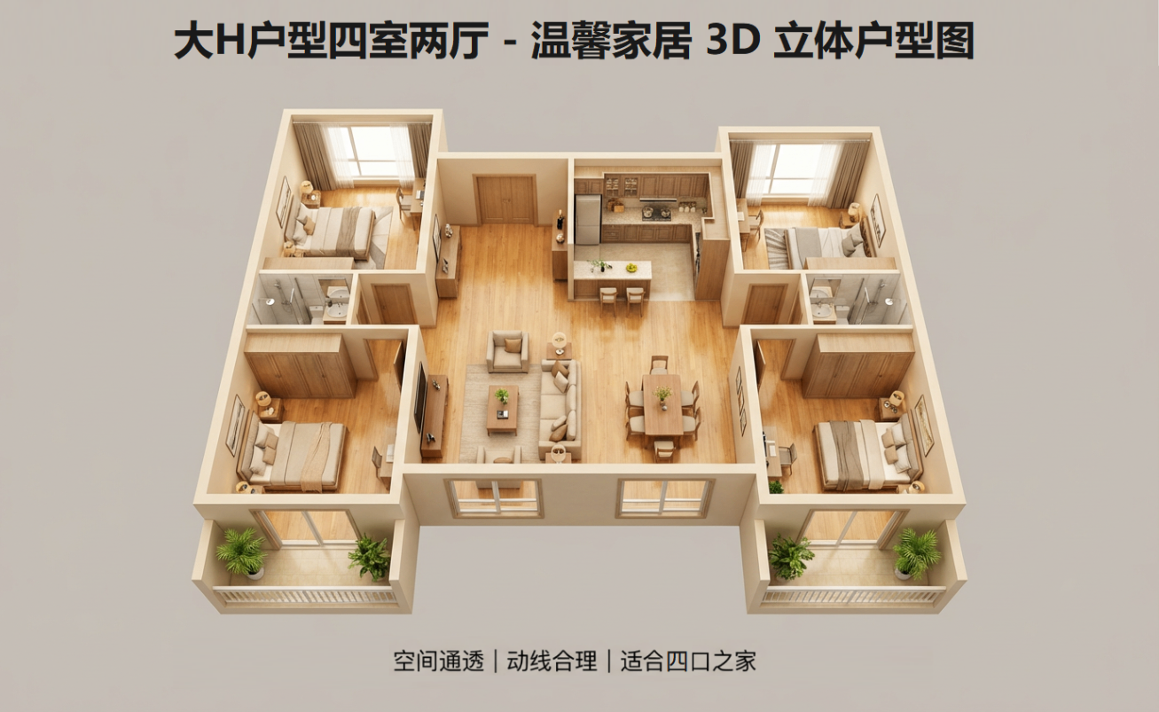 大H户型四室两厅3D图