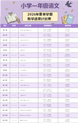 春季小学一年级语文教学进度计划表